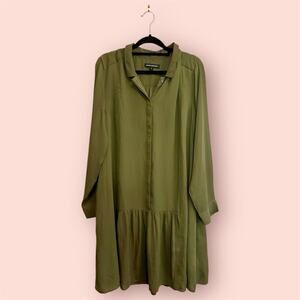 Banana Republic Olive Green Long Sleeve Loose Fit Lightweight Shift Dress 14